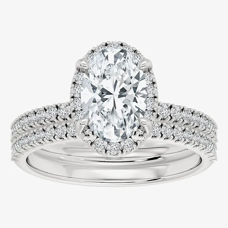 Signature By Modern Bride (F / Vs2) Womens 6 CT. T.W. Lab Grown White Diamond 10K Gold Oval Side Stone Halo Bridal Set
