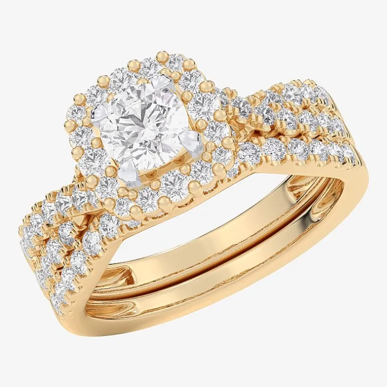 Signature By Modern Bride (G-H / Si1-Si2) Womens Lab Grown White Diamond 10K Gold Round Side Stone Halo Bridal Set