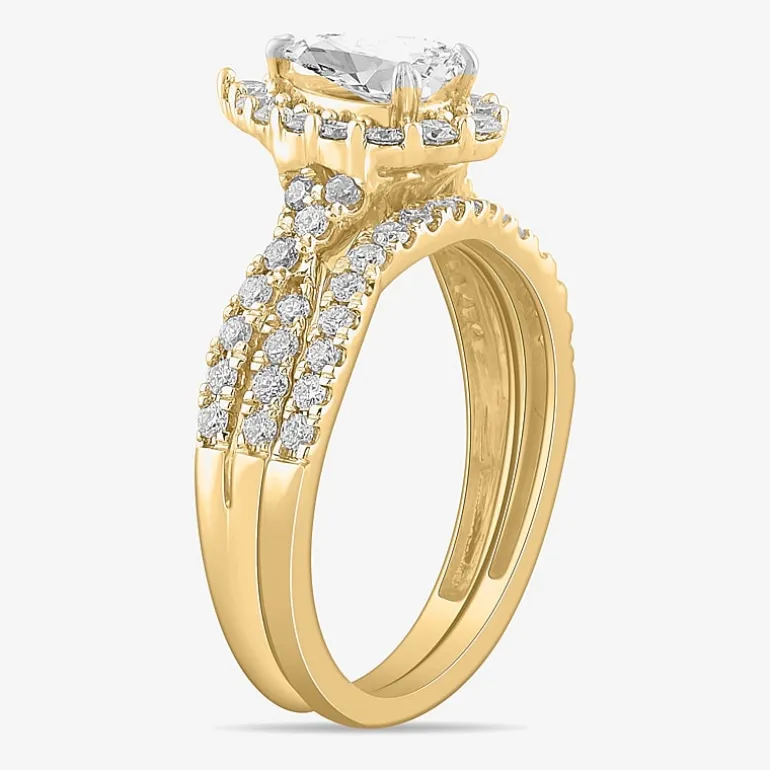 Signature By Modern Bride (G-H / Si1-Si2) Womens 1 1/3 CT. T.W. Lab Grown White Diamond 10K Gold Pear Side Stone Halo Bridal Set