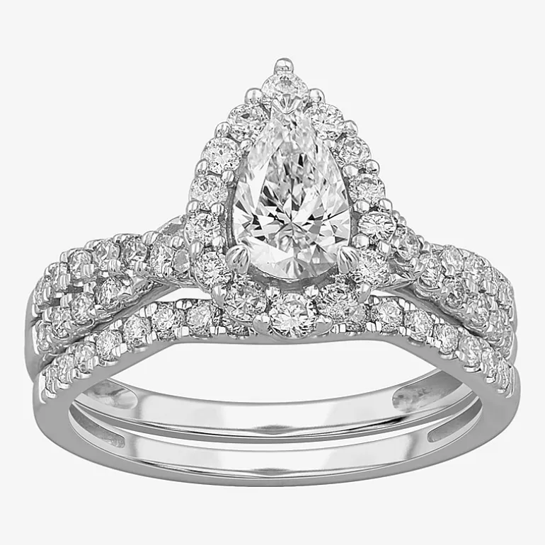 Signature By Modern Bride (G-H / Si1-Si2) Womens 1 1/3 CT. T.W. Lab Grown White Diamond 10K Gold Pear Side Stone Halo Bridal Set