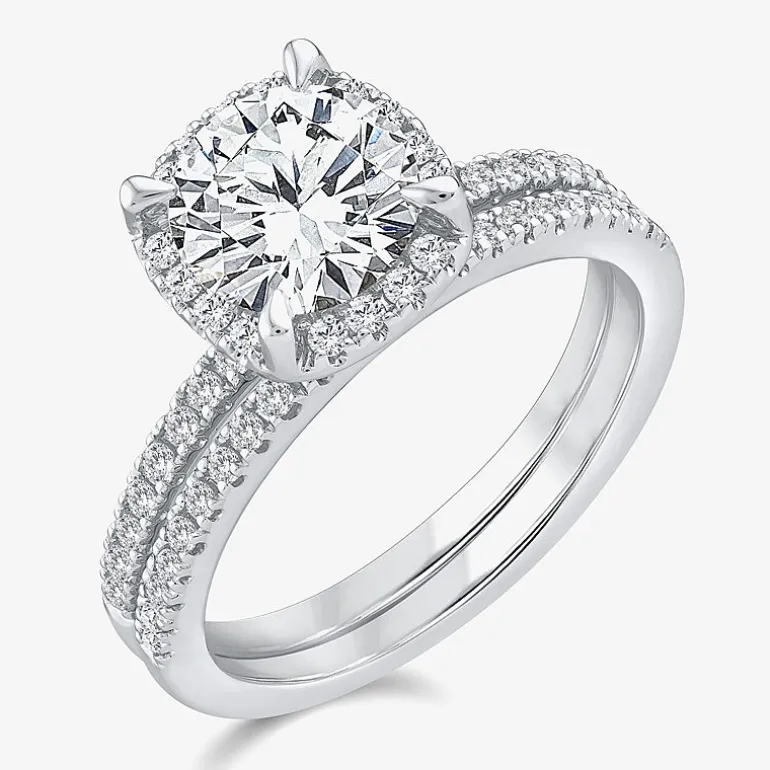 Signature By Modern Bride Womens 2 CT. T.W. Lab Grown White Diamond 10K White Gold Round Side Stone Halo Bridal Set