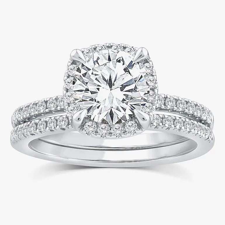 Signature By Modern Bride Womens 2 CT. T.W. Lab Grown White Diamond 10K White Gold Round Side Stone Halo Bridal Set