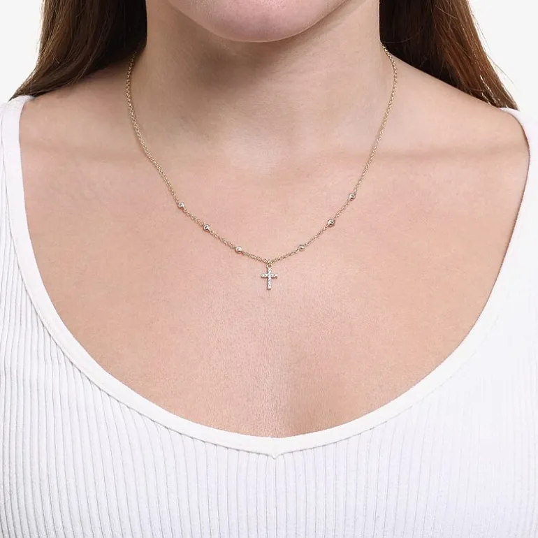 Silver Reflections Womens Cubic Zirconia 14K Gold Over Brass Cross 16 Inch Pendant Necklace