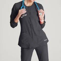 Skechers Sk401 Stability 2-Pocket Crewneck Snap-Front Warm-Up Womens Tag Free Stretch Fabric Moisture Wicking Scrub Jackets