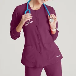 Skechers Sk401 Stability 2-Pocket Crewneck Snap-Front Warm-Up Womens Tag Free Stretch Fabric Moisture Wicking Scrub Jackets