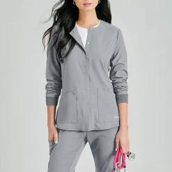 Skechers Sk401 Stability 2-Pocket Crewneck Snap-Front Warm-Up Womens Tag Free Stretch Fabric Moisture Wicking Scrub Jackets