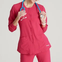 Skechers Sk401 Stability 2-Pocket Crewneck Snap-Front Warm-Up Womens Plus Tall Tag Free Stretch Fabric Moisture Wicking Scrub Jackets