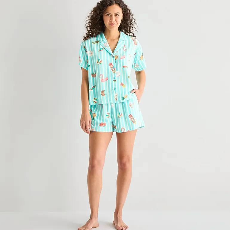 Sleep Chic Womens Poplin V-Neck Short Sleeve 2-pc. Pajama Set