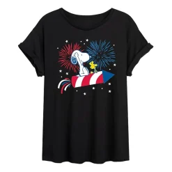 Snoopy And Woodstock Firecracker Womens Juniors Crew Neck Short Sleeve Regular Fit Peanuts Snoopy Graphic T-Shirt