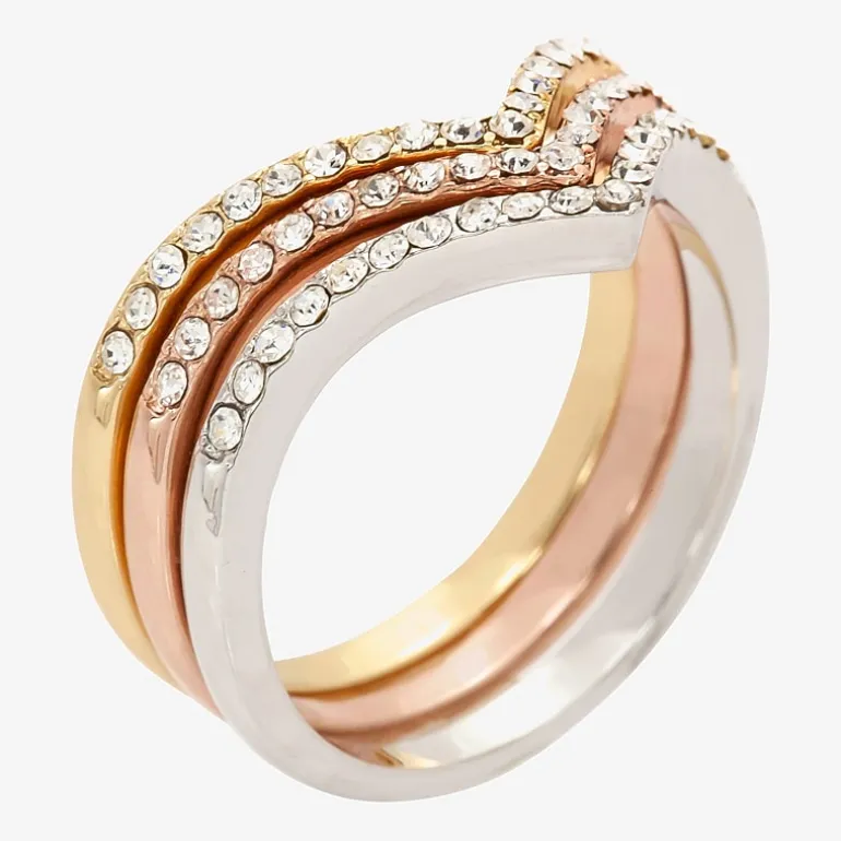 Sparkle Allure Curved Chevron Delicate Womens Crystal 14K Gold Over Brass 18K Rose Gold Over Brass Chevron Delicate Ring Set