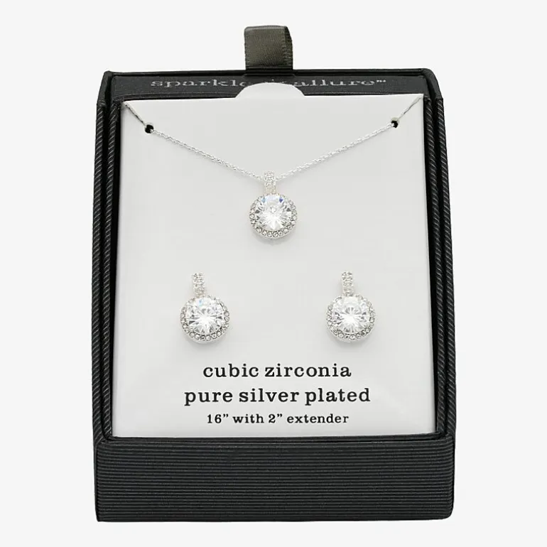 Sparkle Allure Halo Womens Cubic Zirconia Pure Silver Over Brass Round 2-pc. Jewelry Set