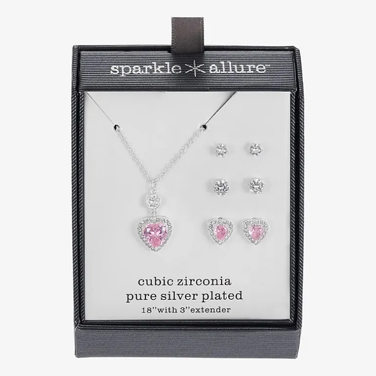 Sparkle Allure Halo Womens Pink Cubic Zirconia Pure Silver Over Brass Heart 2-pc. Jewelry Set