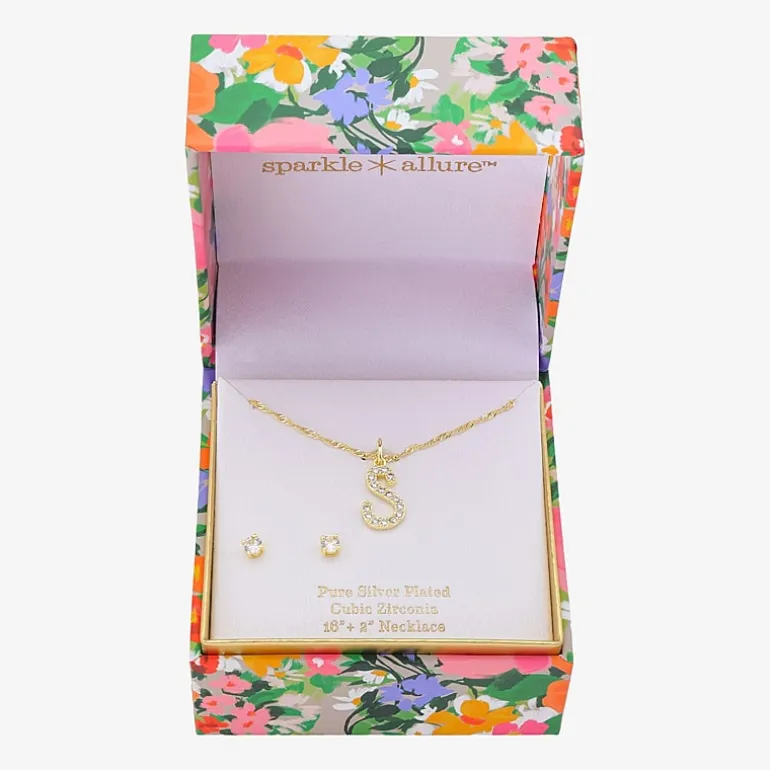 Sparkle Allure Initial Womens Cubic Zirconia 14K Gold Over Brass Round 2-pc. Jewelry Set