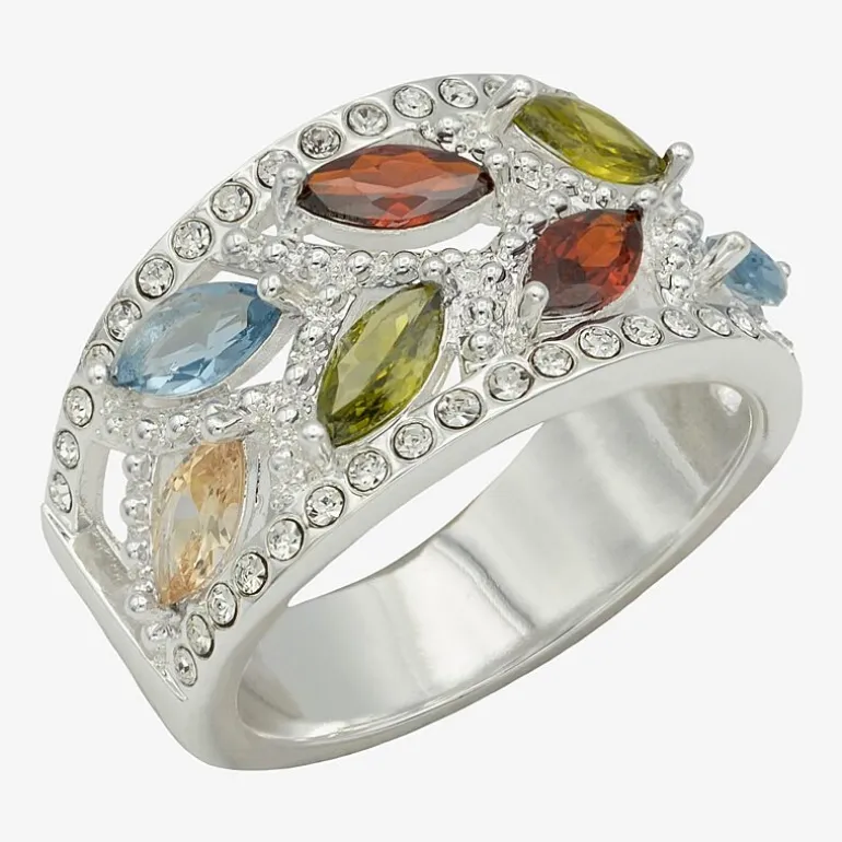 Sparkle Allure Leaf Womens 6.5MM Multi Color Cubic Zirconia Pure Silver Over Brass Marquise Band