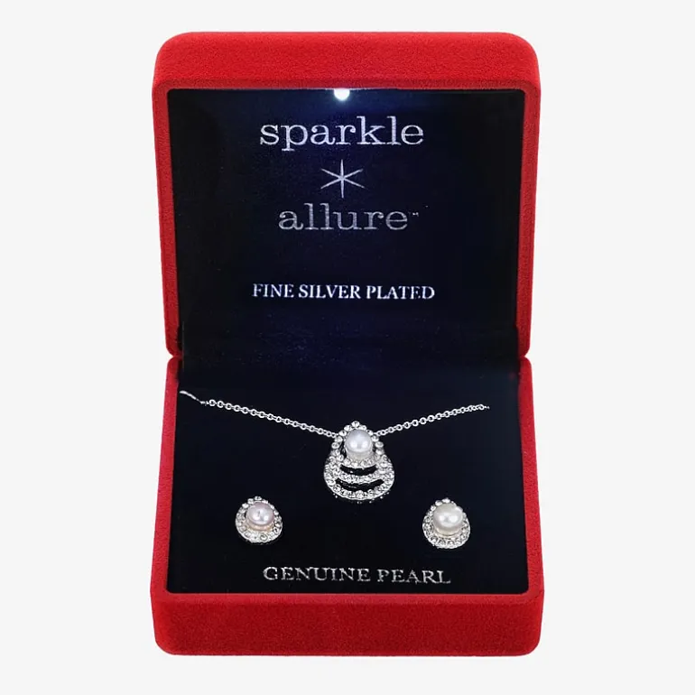 Sparkle Allure Light Up Box Womens Cubic Zirconia Cultured Freshwater Pearl Pure Silver Over Brass 2-pc. Jewelry Set