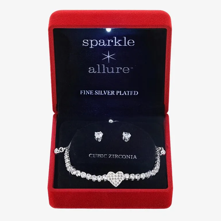 Sparkle Allure Light Up Box Womens Cubic Zirconia Pure Silver Over Brass Heart 2-pc. Jewelry Set