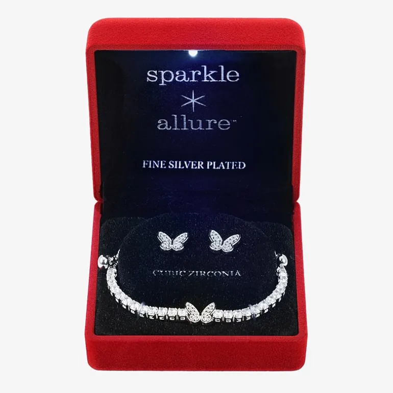 Sparkle Allure Light Up Box Womens Cubic Zirconia Pure Silver Over Brass Butterfly 2-pc. Jewelry Set