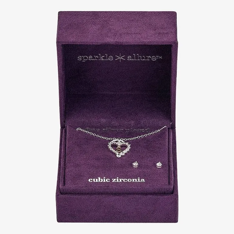 Sparkle Allure Pendant Necklace & Stud Earring Womens Cubic Zirconia Pure Silver Over Brass Heart 2-pc. Jewelry Set