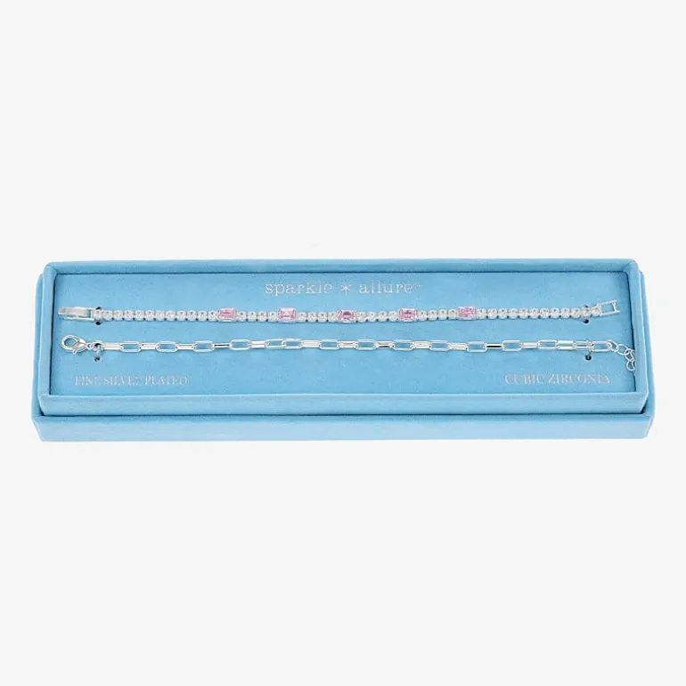 Sparkle Allure Tennis & Chain Womens 2-pc. Pink Cubic Zirconia Pure Silver Over Brass Bracelet Set