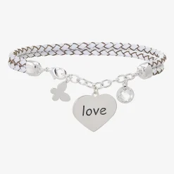 Sparkle Allure White Leather Love Womens Cubic Zirconia Pure Silver Over Brass Butterfly Heart Charm Bracelet