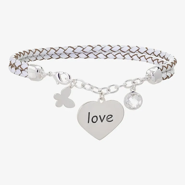 Sparkle Allure White Leather Love Womens Cubic Zirconia Pure Silver Over Brass Butterfly Heart Charm Bracelet