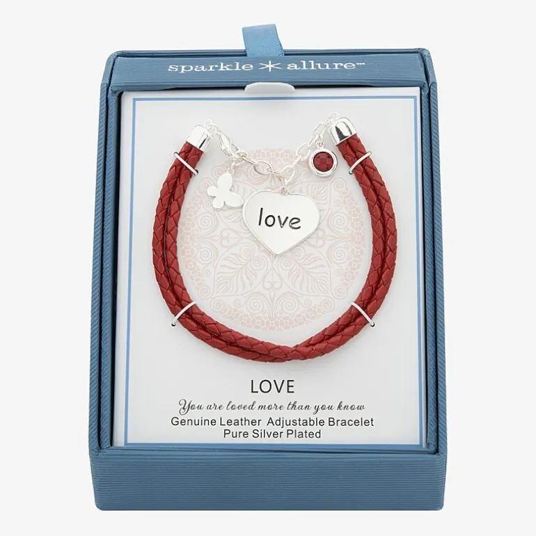 Sparkle Allure White Leather Love Womens Cubic Zirconia Pure Silver Over Brass Butterfly Heart Charm Bracelet