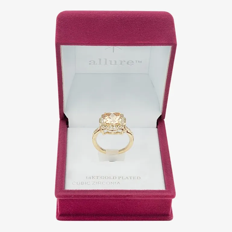 Sparkle Allure Womens Champagne Crystal 14K Gold Over Brass Cushion Halo Cocktail Ring