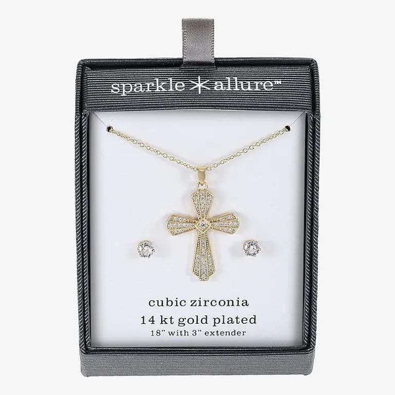 Sparkle Allure Womens Cubic Zirconia 14K Gold Over Brass Cross 2-pc. Jewelry Set