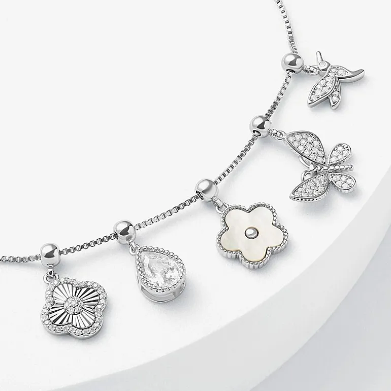 Sparkle Allure Womens White Cubic Zirconia Pure Silver Over Brass Flower Charm Bracelet
