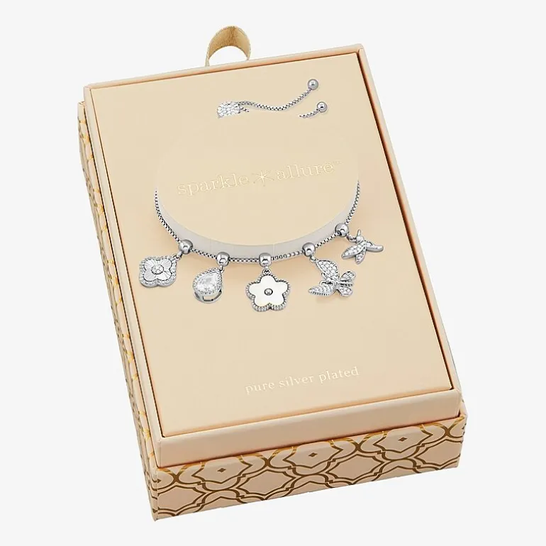 Sparkle Allure Womens White Cubic Zirconia Pure Silver Over Brass Flower Charm Bracelet