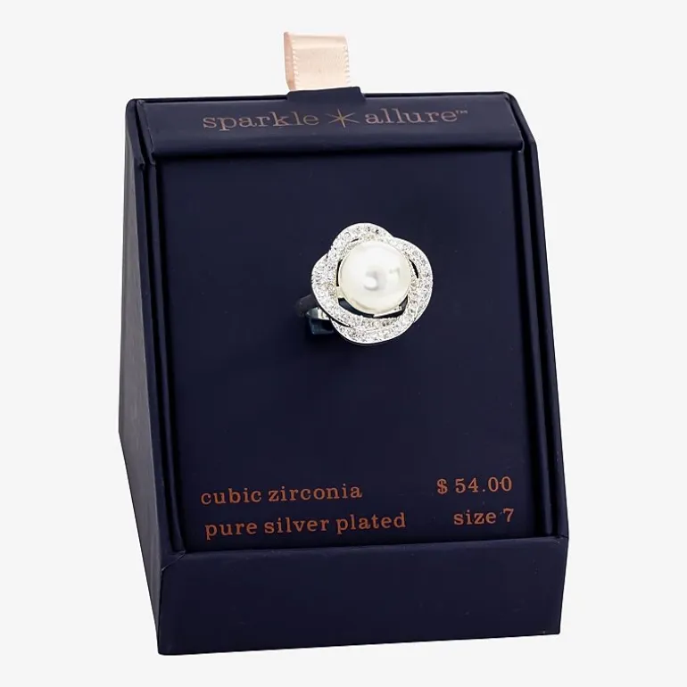 Sparkle Allure Womens White Simulated Pearl Pure Silver Over Brass Cocktail Ring