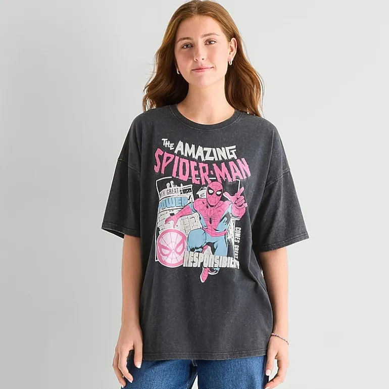 Spiderman Oversized Tee Womens Juniors Crew Neck Short Sleeve Oversized Spiderman Graphic T-Shirt