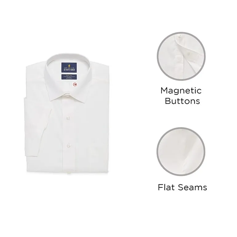 Stafford Smart Tech Magna Ready® Mens Regular Fit Easy-on + Easy-off Sensory Friendly Adaptive Stretch Fabric Wrinkle Free Short Sleeve Dress Shirt