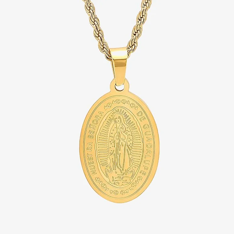 Steeltime Lady Of Guadalupe Mens 18K Gold Over Stainless Steel Oval Hypoallergenic 18 Inch Pendant Necklace