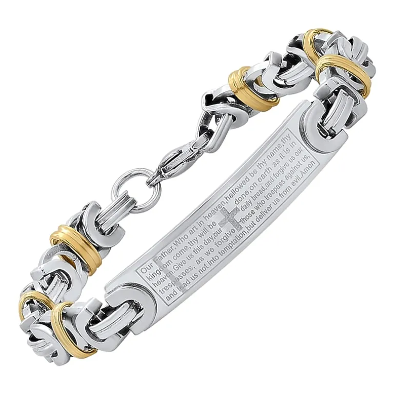 Steeltime Lord'S Prayer Mens 18K Gold Over Stainless Steel 8 Inch Solid Byzantine Hypoallergenic Id Bracelet