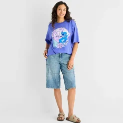 Stitch And Angel Oversized Tee Womens Juniors Crew Neck Short Sleeve Oversized Graphic T-Shirt