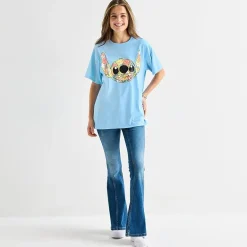Stitch Floral Boyfriend Tee Womens Juniors Crew Neck Short Sleeve Regular Fit Graphic T-Shirt