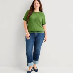 St. John's Bay Plus Womens Crew Neck Short Sleeve Cable Knit Pullover Sweater