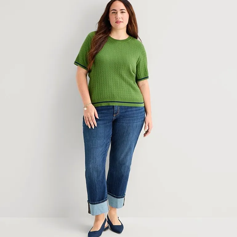 St. John's Bay Plus Womens Crew Neck Short Sleeve Cable Knit Pullover Sweater