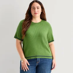 St. John's Bay Plus Womens Crew Neck Short Sleeve Cable Knit Pullover Sweater