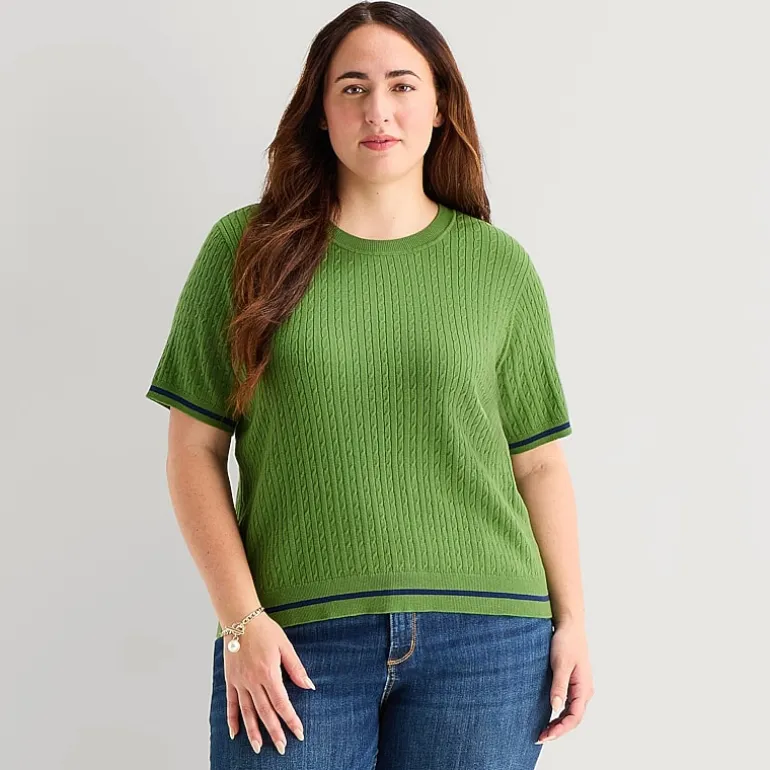 St. John's Bay Plus Womens Crew Neck Short Sleeve Cable Knit Pullover Sweater
