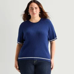 St. John's Bay Plus Womens Crew Neck Short Sleeve Cable Knit Pullover Sweater