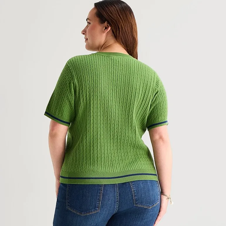 St. John's Bay Plus Womens Crew Neck Short Sleeve Cable Knit Pullover Sweater