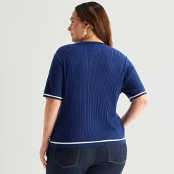 St. John's Bay Plus Womens Crew Neck Short Sleeve Cable Knit Pullover Sweater