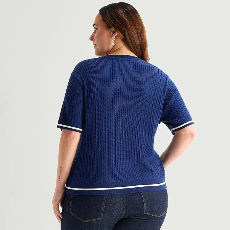 St. John's Bay Plus Womens Crew Neck Short Sleeve Cable Knit Pullover Sweater