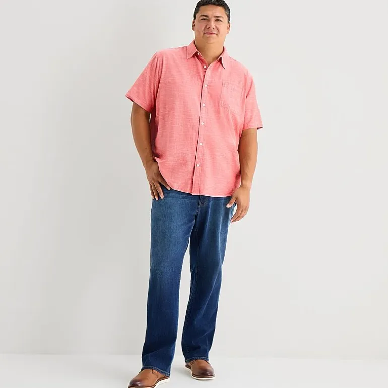 St. John's Bay Slub Mens Short Sleeve Classic Fit Big and Tall Button-Down Shirt
