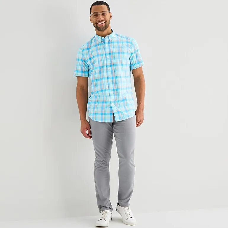 St. John's Bay Stretch Poplin Mens Short Sleeve Classic Fit Button-Down Shirt