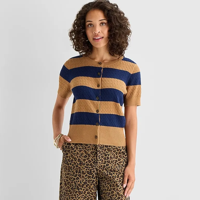 St. John's Bay Womens Crew Neck Short Sleeve Button Striped Cable Knit Cardigan