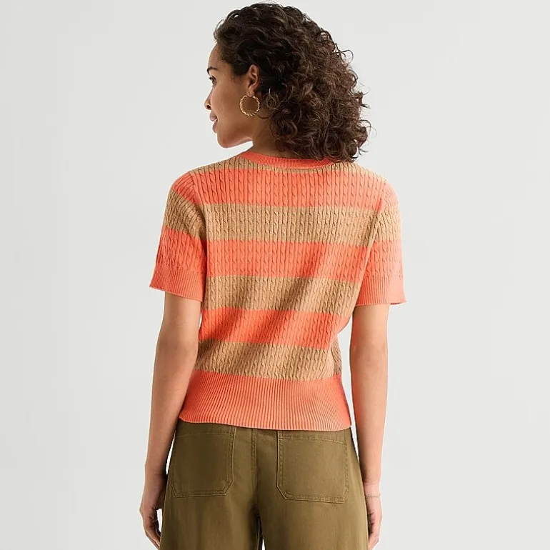 St. John's Bay Womens Crew Neck Short Sleeve Button Striped Cable Knit Cardigan