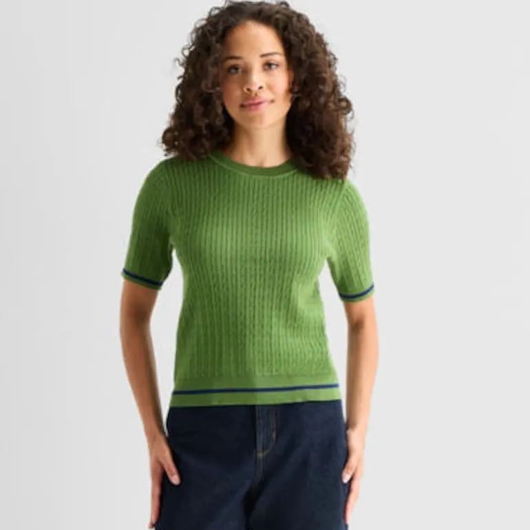St. John's Bay Womens Crew Neck Short Sleeve Cable Knit Pullover Sweater